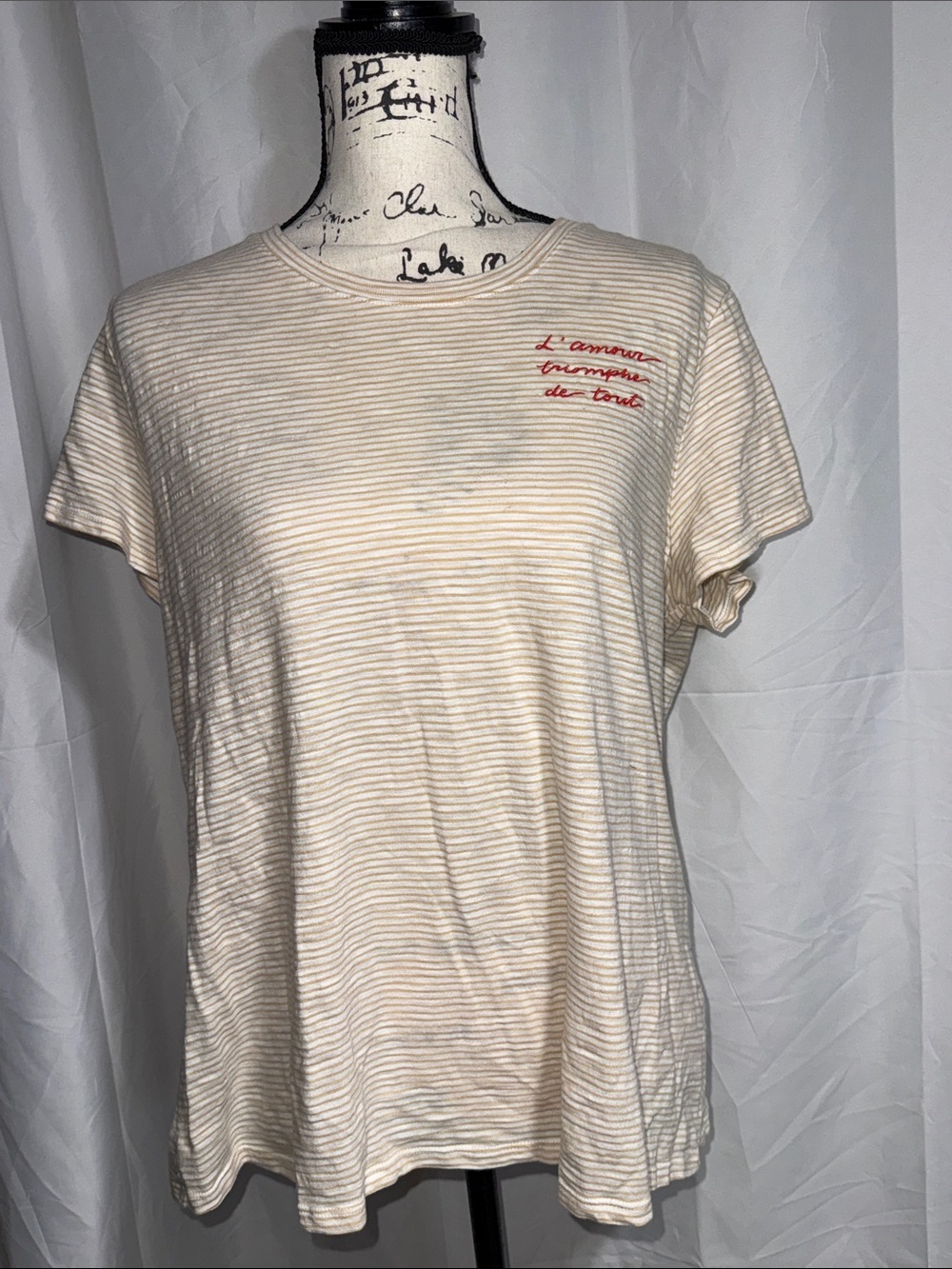 LC Lauren Conrad Cream Striped Short Sleeve Tee with Red Script